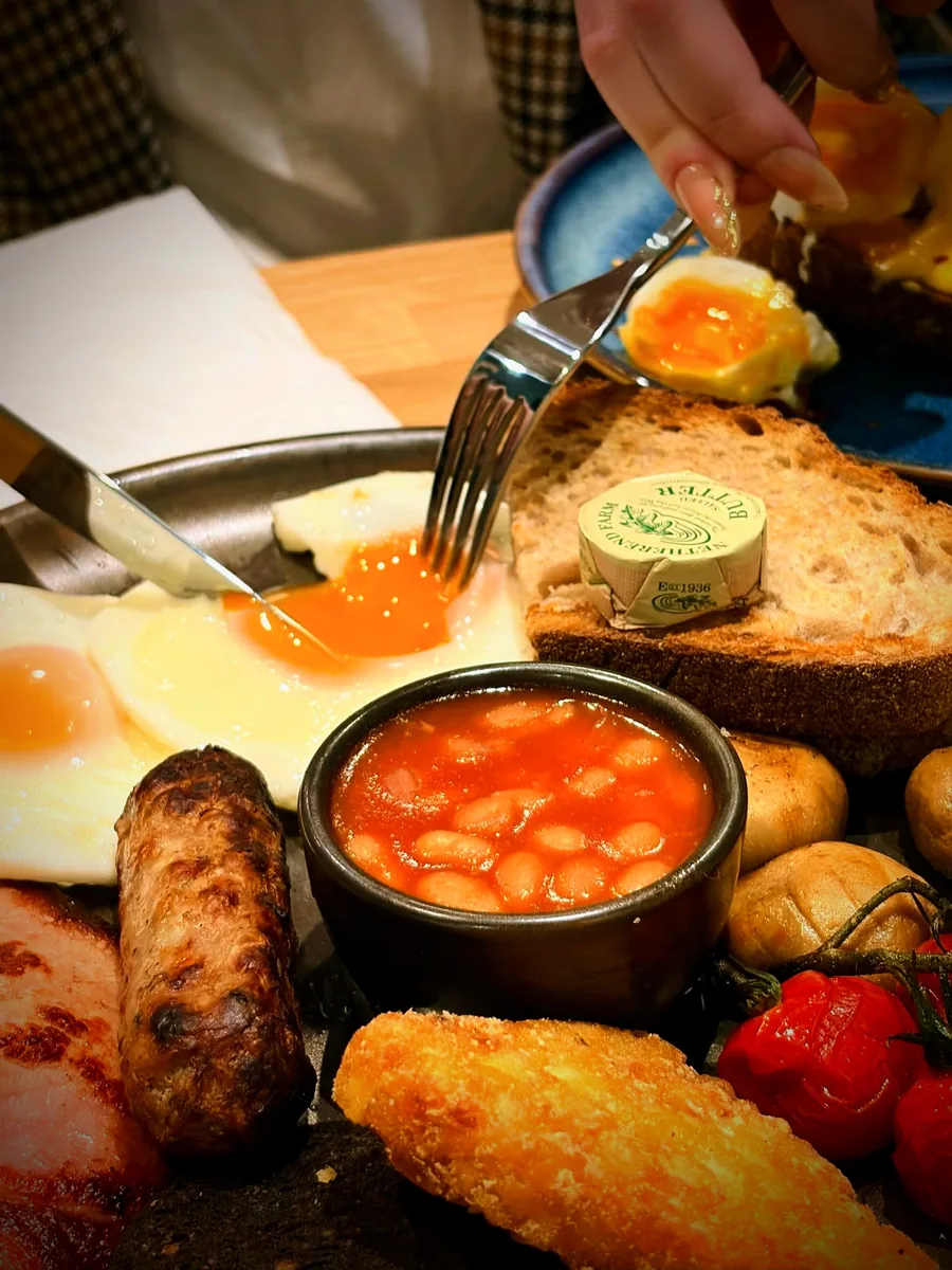 Breakfast plate with beans and hash browns
